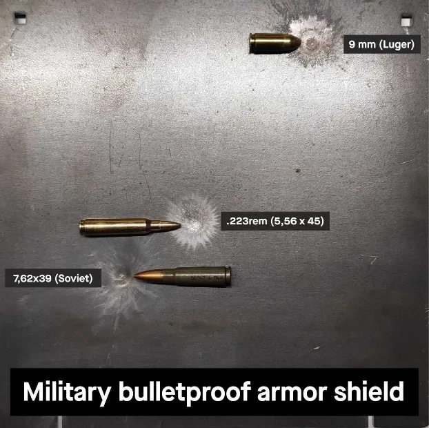 Military plate: 9 mm, .223 and 7.62×39 stopped