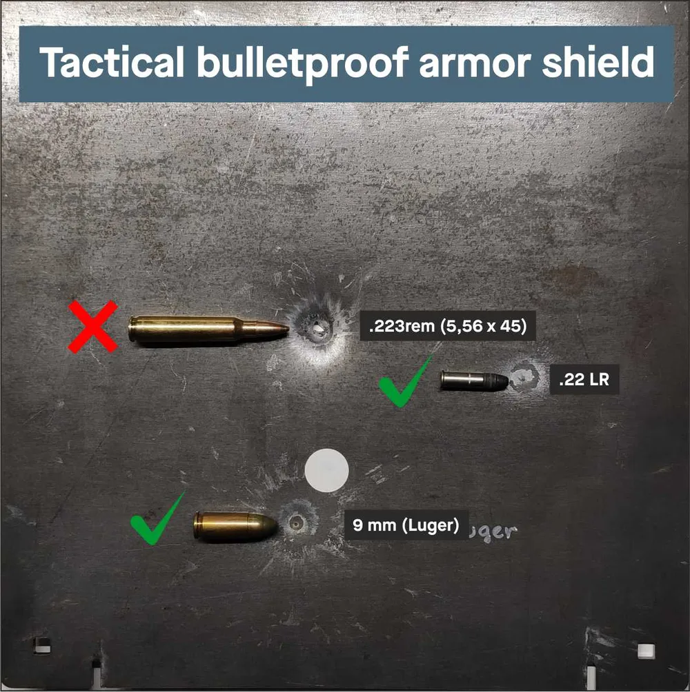 Tactical plate: 9 mm and .22 LR stopped, .223 not